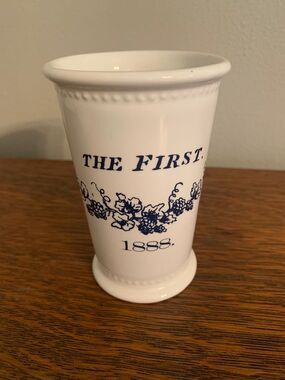 Vintage Small Ceramic White Vase with Blue Detail Home Decor Cottage Farmhouse
